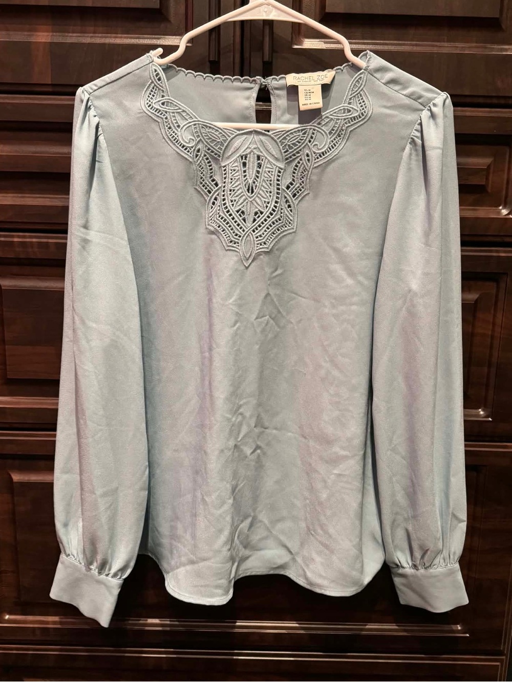 Rachel Zoe Pale Blue Lace-Yoke Long Sleeve Blouse MEDIUM - Picture 2 of 4